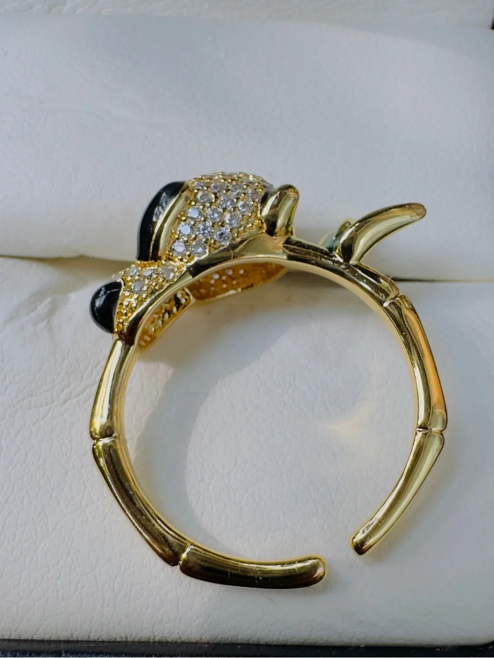 Gold-Tone Crystal Panda Ring with Green Enamel Bamboo - Women Jewelry